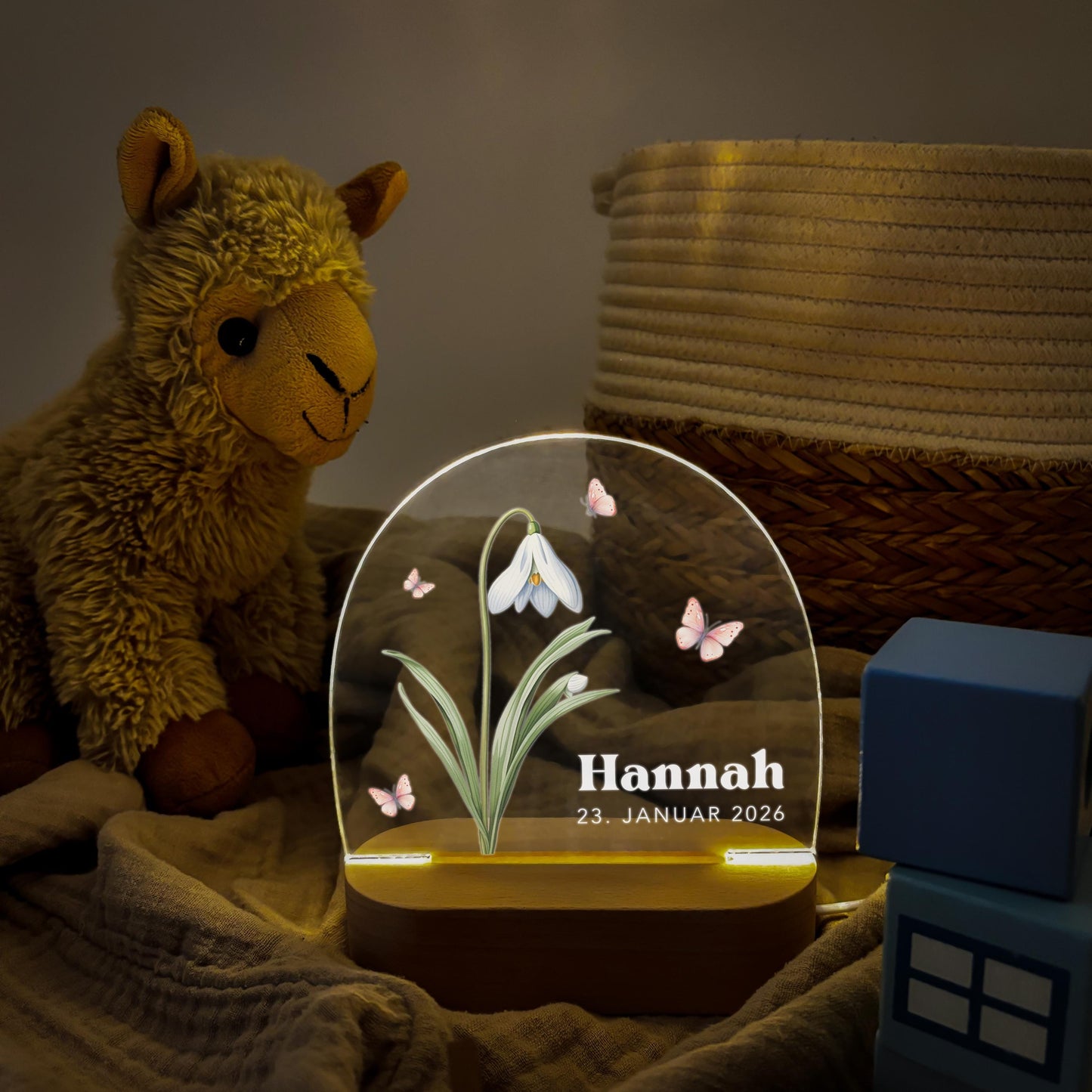 Geburtsgeschenk Mädchen Nachtlicht Baby personalisiert Monatsblume Geschenk zur Geburt Nachtlampe inkl. Holzfuß & Netzteil | Januar