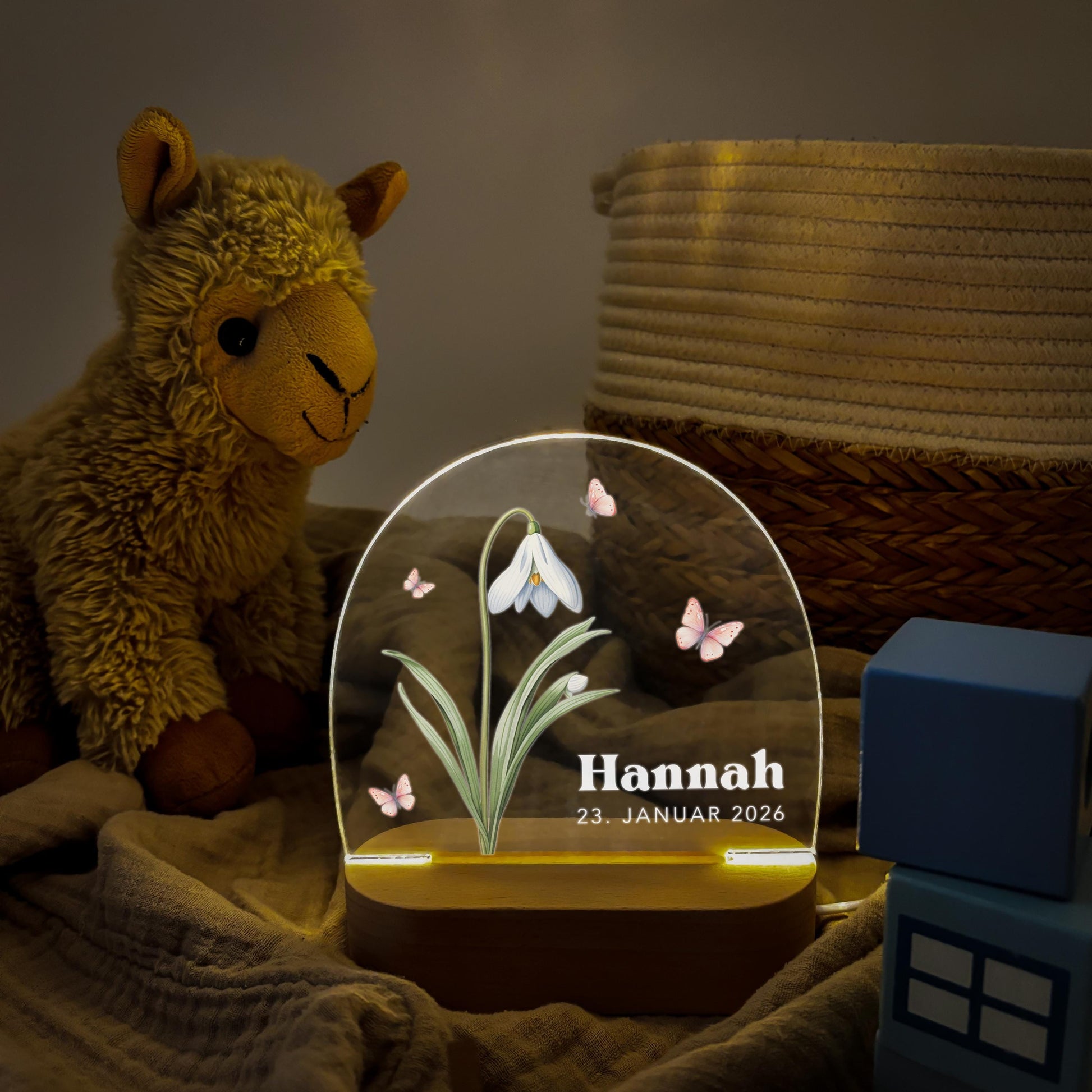 Geburtsgeschenk Mädchen Nachtlicht Baby personalisiert Monatsblume Geschenk zur Geburt Nachtlampe inkl. Holzfuß & Netzteil | Januar