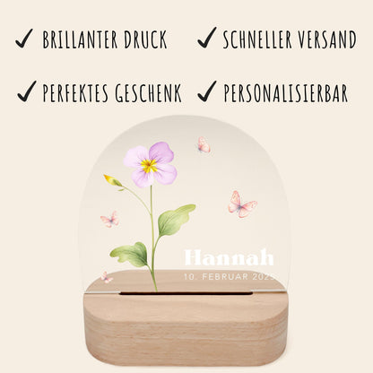 Geburtsgeschenk Mädchen Nachtlicht Baby personalisiert Monatsblume Geschenk zur Geburt Nachtlampe inkl. Holzfuß & Netzteil | Februar