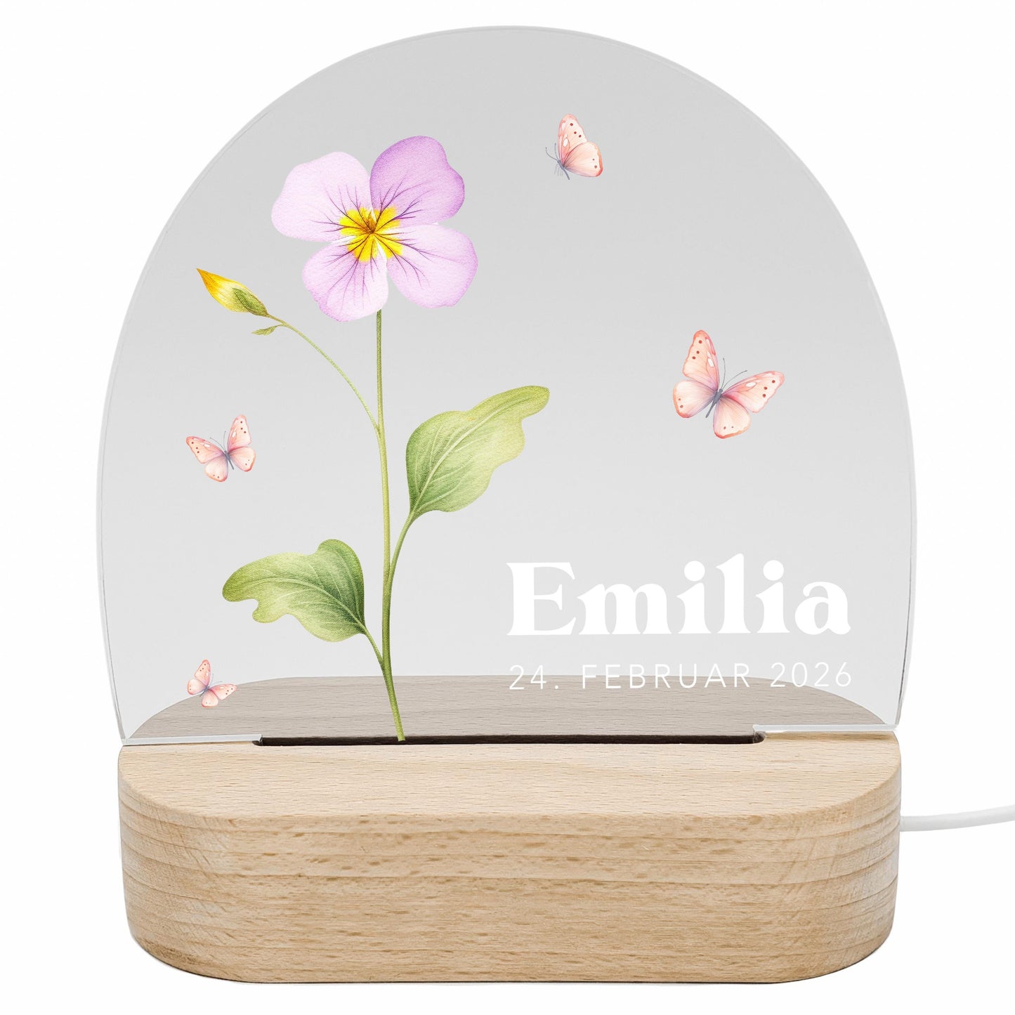 Geburtsgeschenk Mädchen Nachtlicht Baby personalisiert Monatsblume Geschenk zur Geburt Nachtlampe inkl. Holzfuß & Netzteil | Februar
