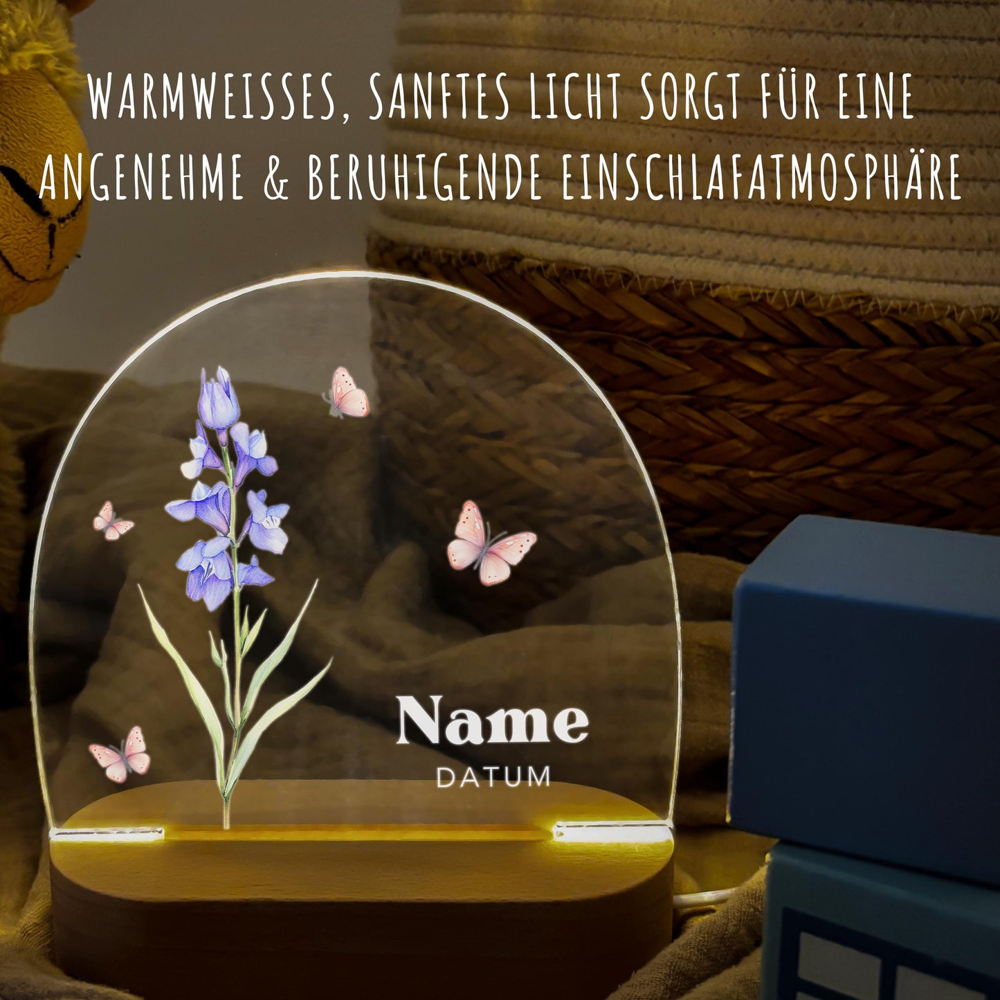 Geburtsgeschenk Mädchen Nachtlicht Baby personalisiert Monatsblume Geschenk zur Geburt Nachtlampe inkl. Holzfuß & Netzteil | Juli