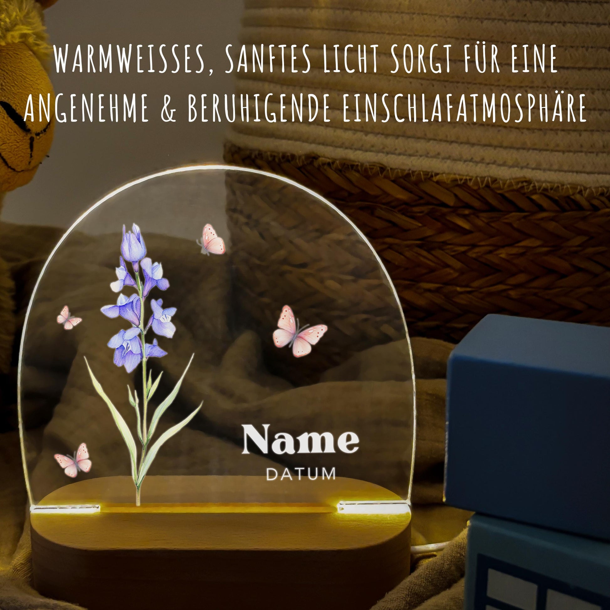 Geburtsgeschenk Mädchen Nachtlicht Baby personalisiert Monatsblume Geschenk zur Geburt Nachtlampe inkl. Holzfuß & Netzteil | Juli