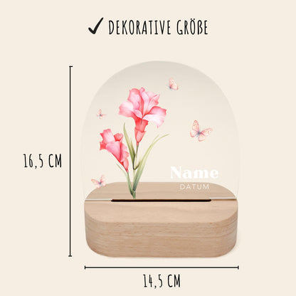 Geburtsgeschenk Mädchen Nachtlicht Baby personalisiert Monatsblume Geschenk zur Geburt Nachtlampe inkl. Holzfuß & Netzteil | August