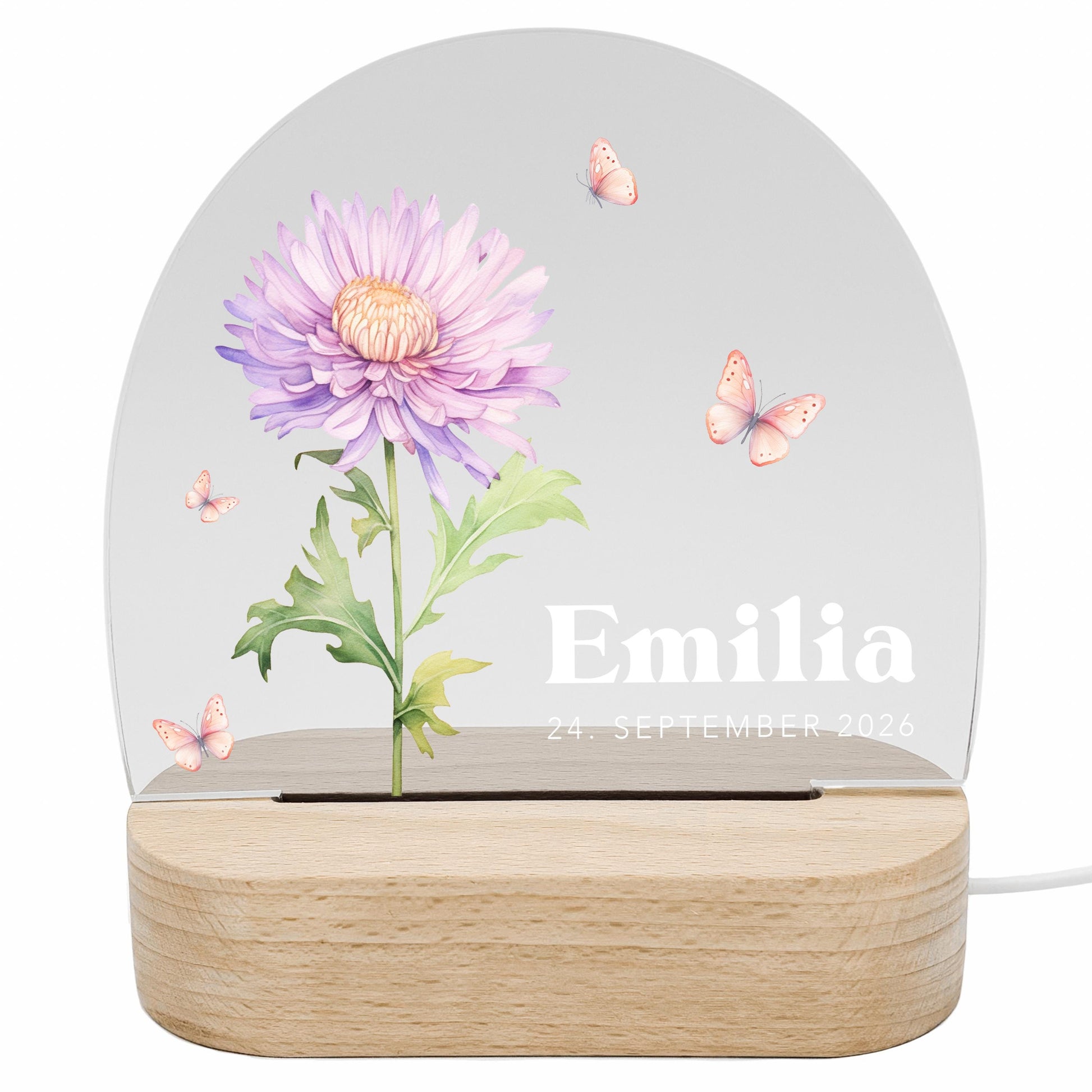 Geburtsgeschenk Mädchen Nachtlicht Baby personalisiert Monatsblume Geschenk zur Geburt Nachtlampe inkl. Holzfuß & Netzteil | September