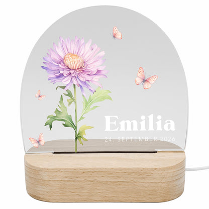 Geburtsgeschenk Mädchen Nachtlicht Baby personalisiert Monatsblume Geschenk zur Geburt Nachtlampe inkl. Holzfuß & Netzteil | September