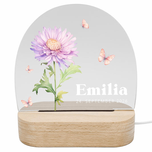 Geburtsgeschenk Mädchen Nachtlicht Baby personalisiert Monatsblume Geschenk zur Geburt Nachtlampe inkl. Holzfuß & Netzteil | September
