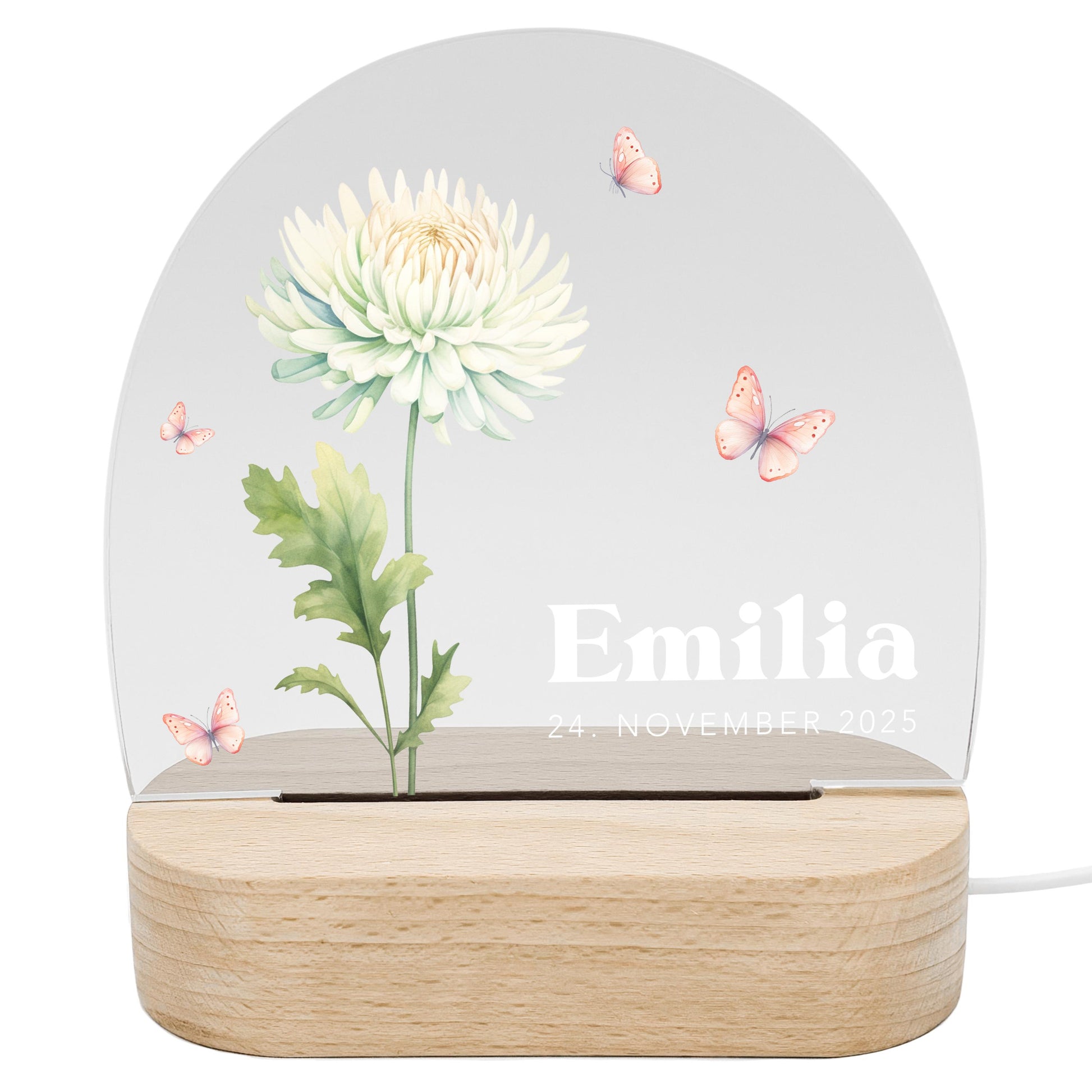 Geburtsgeschenk Mädchen Nachtlicht Baby personalisiert Monatsblume Geschenk zur Geburt Nachtlampe inkl. Holzfuß & Netzteil | November
