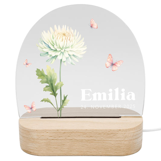 Geburtsgeschenk Mädchen Nachtlicht Baby personalisiert Monatsblume Geschenk zur Geburt Nachtlampe inkl. Holzfuß & Netzteil | November