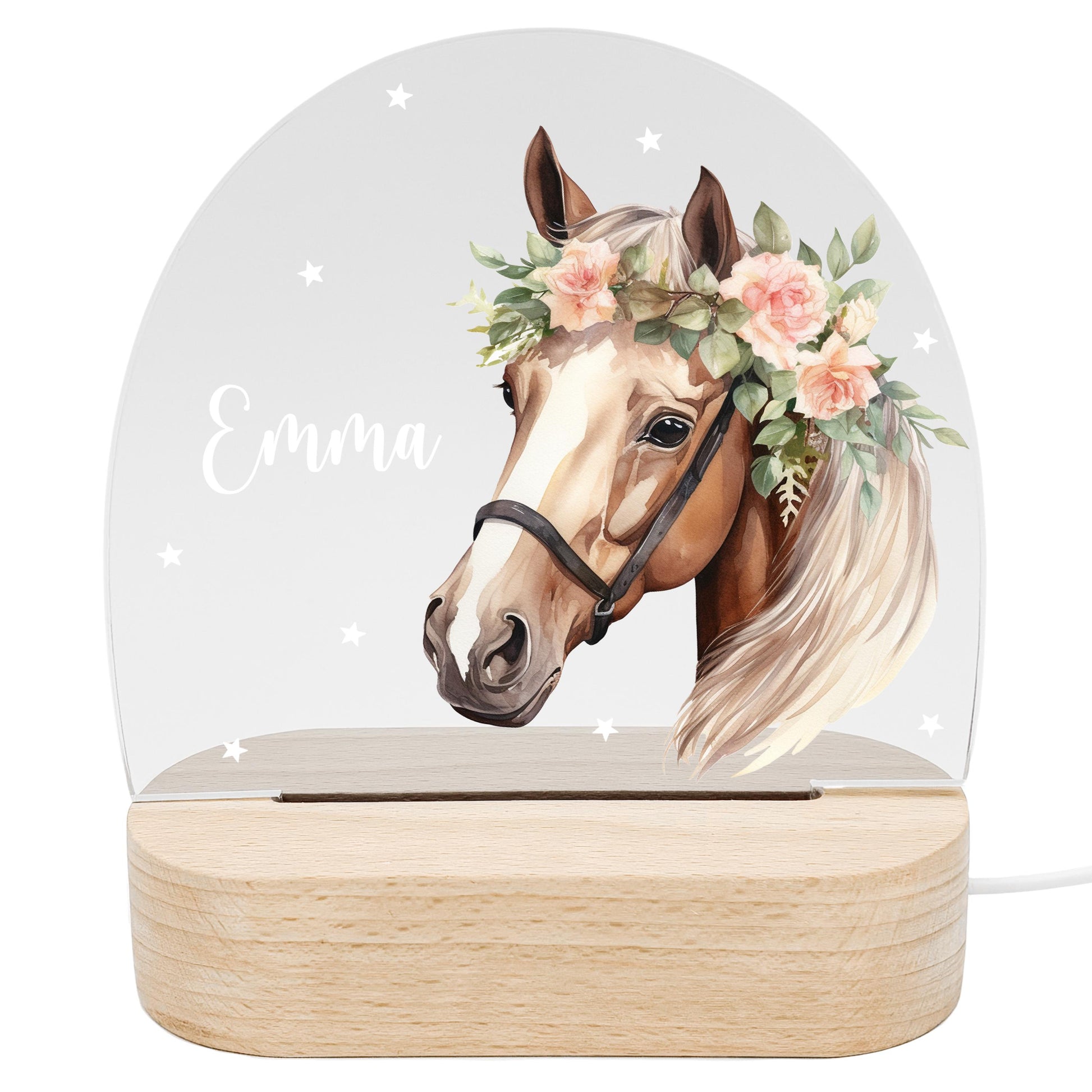 Nachtlicht Pferd personalisiert für Kinder & Baby Pferdemädchen Geschenk Pferdeliebhaber Deko Nachtlampe Mädchen inkl. Holzfuß und Netzteil