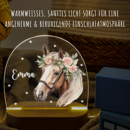 Nachtlicht Pferd personalisiert für Kinder & Baby Pferdemädchen Geschenk Pferdeliebhaber Deko Nachtlampe Mädchen inkl. Holzfuß und Netzteil