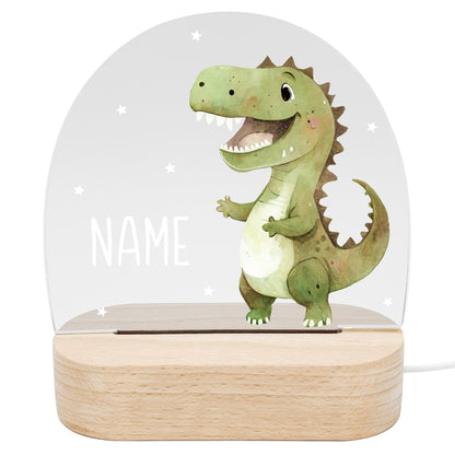 Nachtlicht Dino personalisiert für Kinder & Baby Babyzimmer Kinderzimmer Dinosaurier Geschenk Nachtlampe Jungen Inkl. Holzfuß und Netzteil