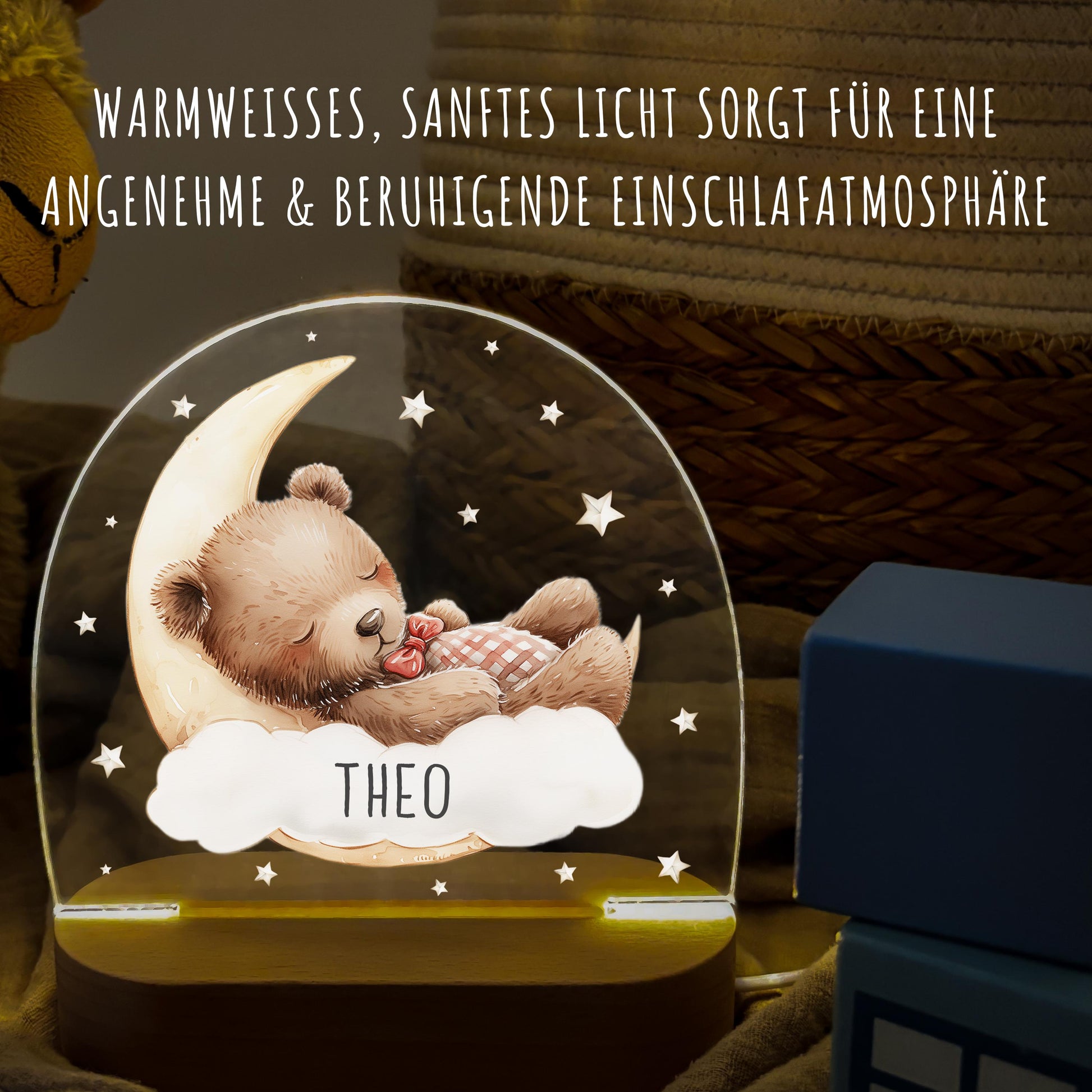 Nachtlicht Baby Kinder personalisiert Geschenk zur Geburt Babyzimmer Deko Bär Kinderzimmer Nachtlampe Inkl. Holzfuß & Netzteil