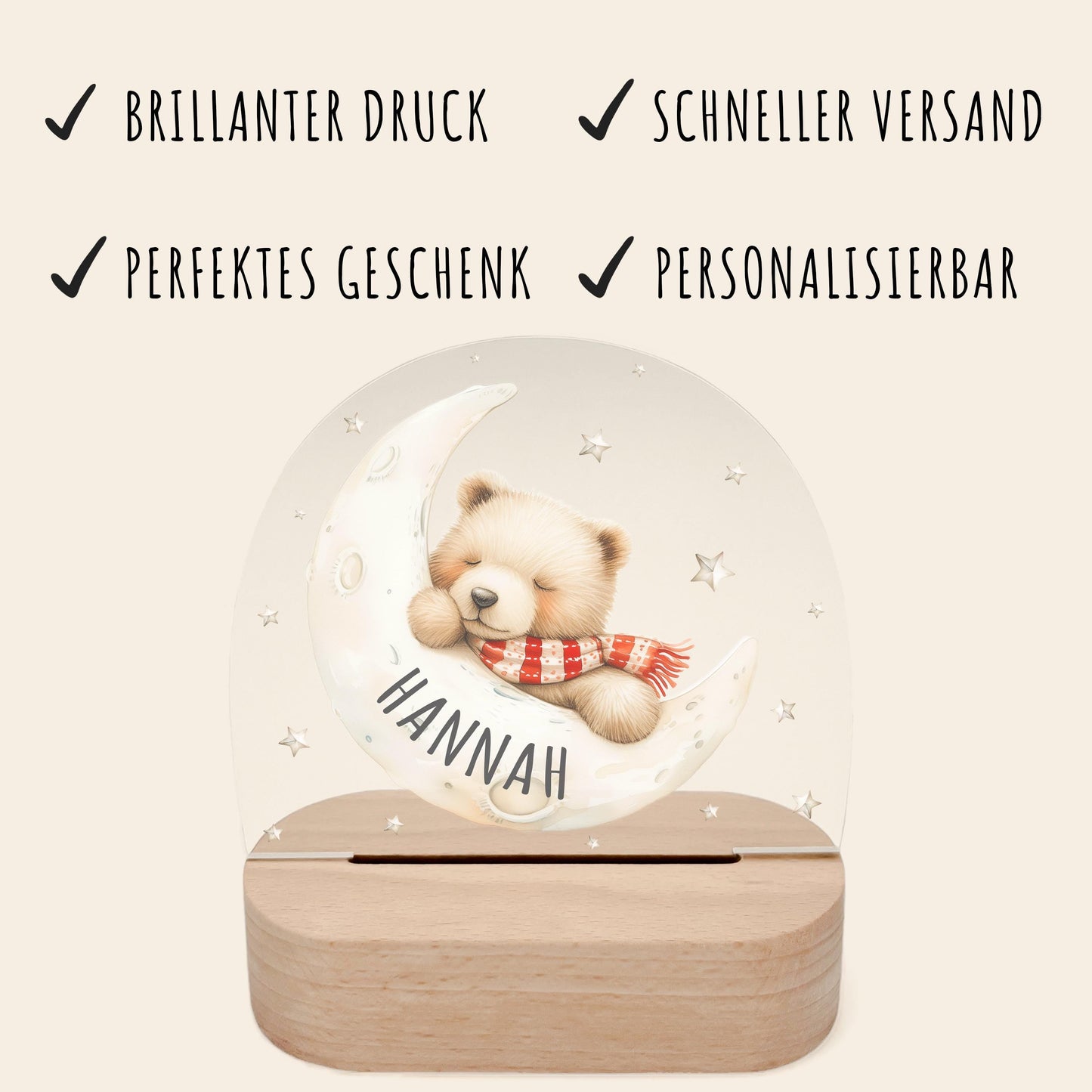 Nachtlicht Baby Kinder personalisiert Geschenk zur Geburt Babyzimmer Deko Bär Kinderzimmer Nachtlampe Inkl. Holzfuß & Netzteil