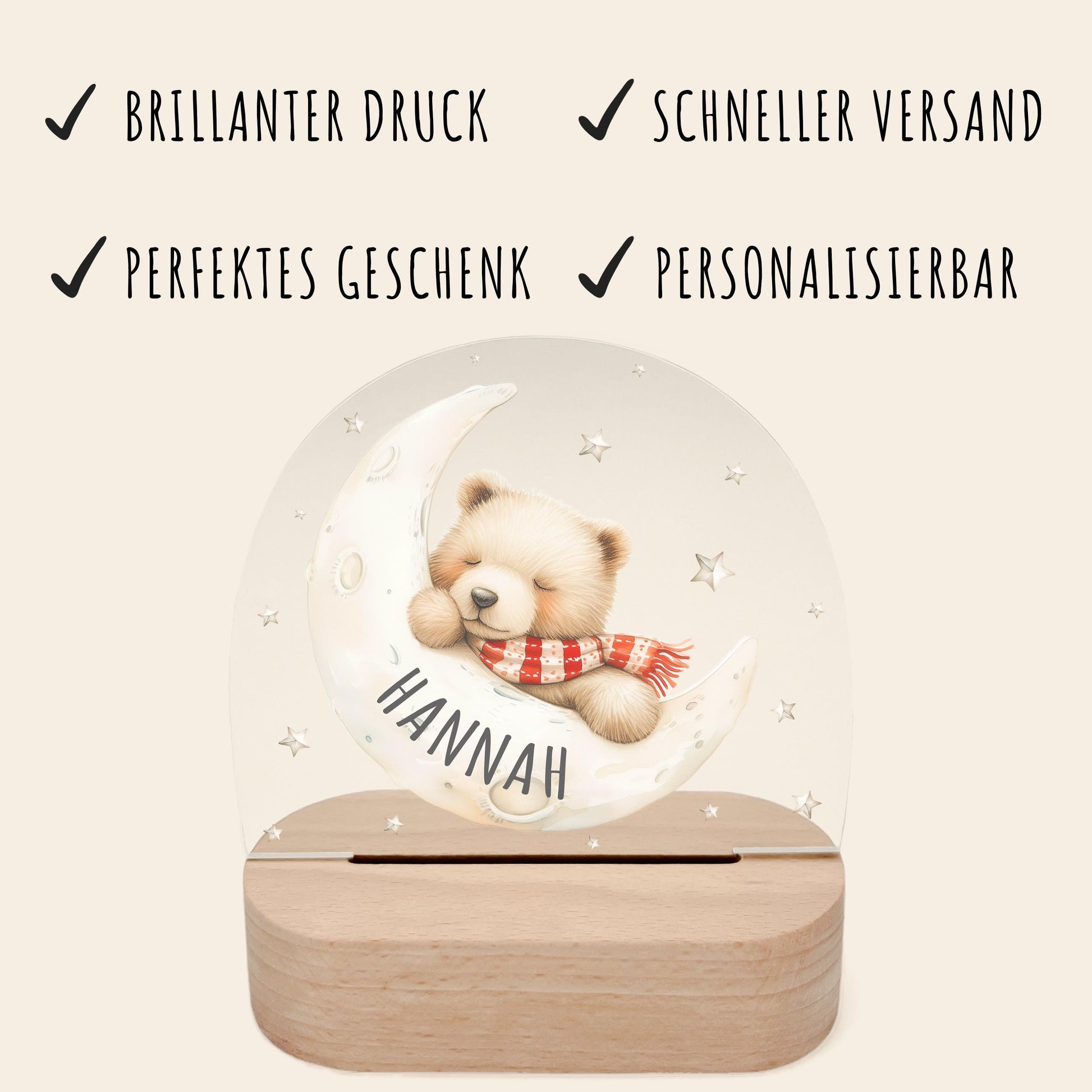 Nachtlicht Baby Kinder personalisiert Geschenk zur Geburt Babyzimmer Deko Bär Kinderzimmer Nachtlampe Inkl. Holzfuß & Netzteil