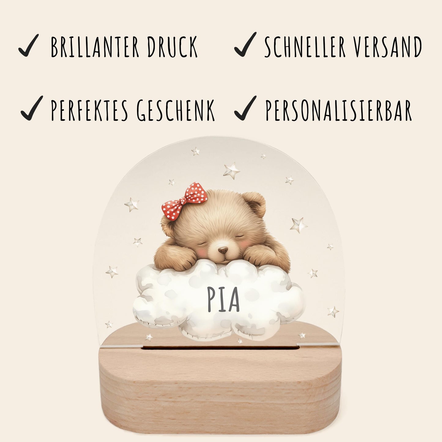 Nachtlicht Baby Kinder personalisiert Geschenk zur Geburt Babyzimmer Deko Bär Kinderzimmer Nachtlampe Inkl. Holzfuß & Netzteil