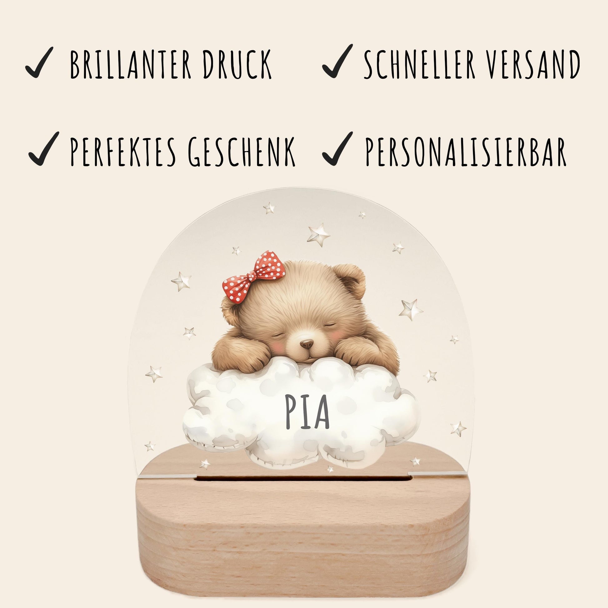 Nachtlicht Baby Kinder personalisiert Geschenk zur Geburt Babyzimmer Deko Bär Kinderzimmer Nachtlampe Inkl. Holzfuß & Netzteil