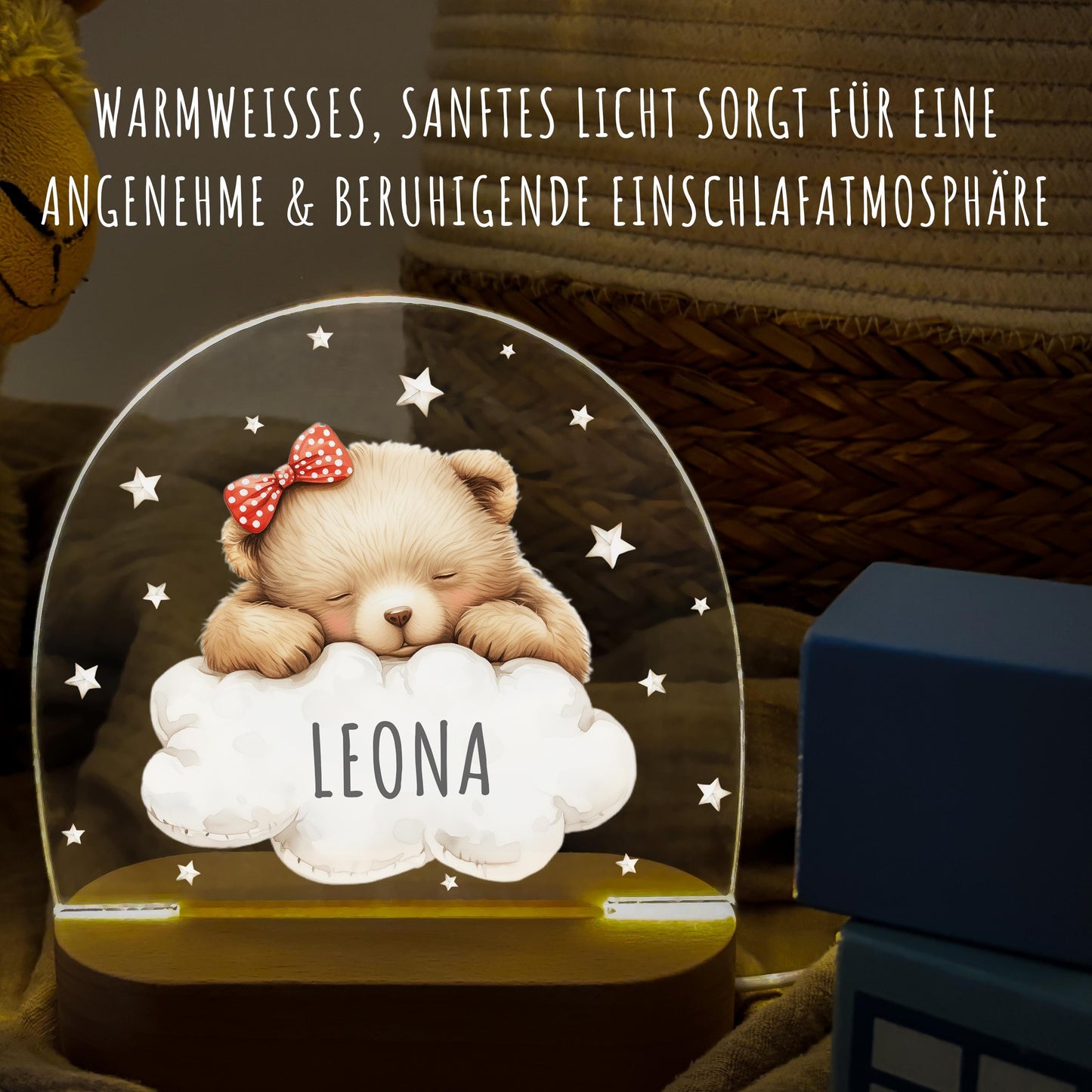 Nachtlicht Baby Kinder personalisiert Geschenk zur Geburt Babyzimmer Deko Bär Kinderzimmer Nachtlampe Inkl. Holzfuß & Netzteil