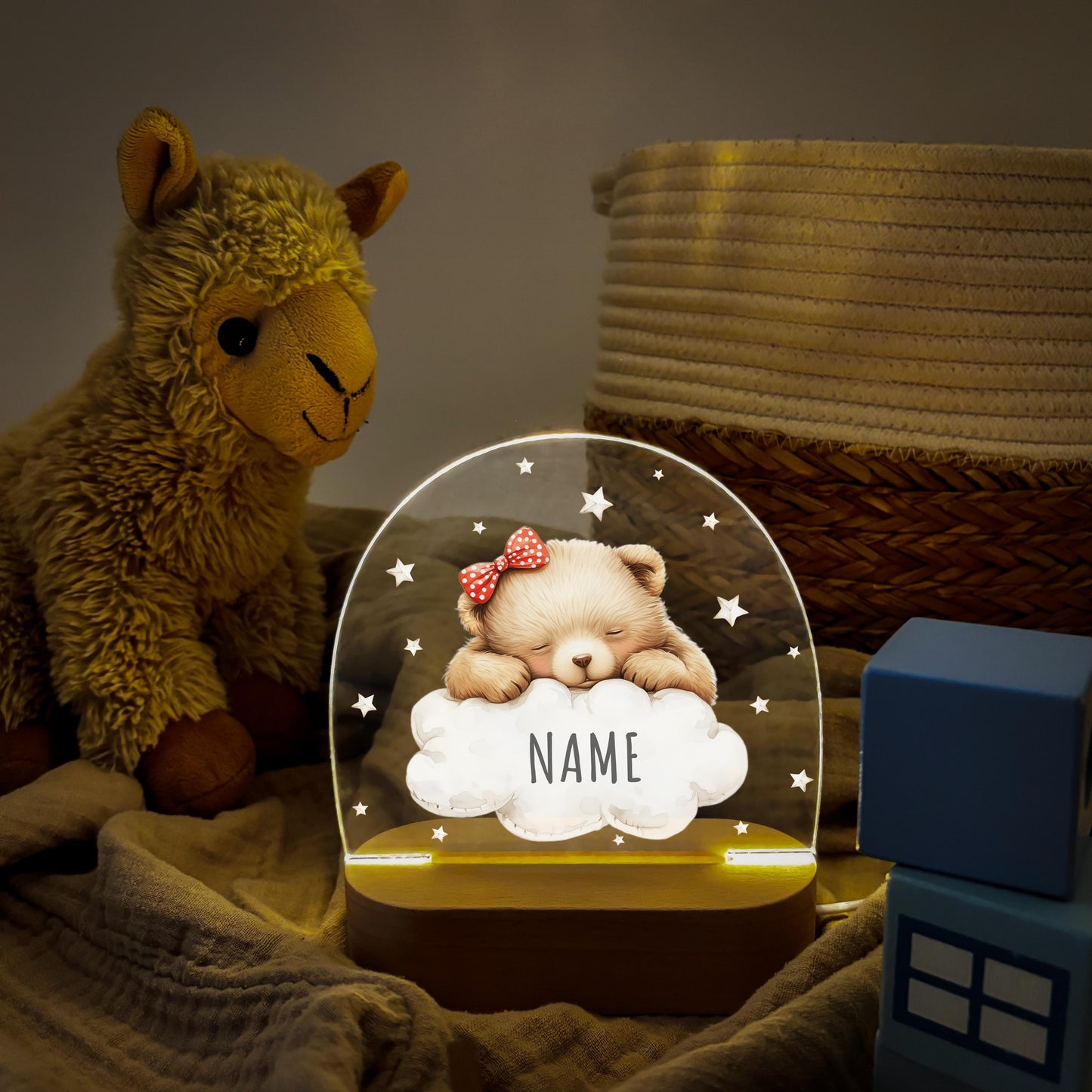 Nachtlicht Baby Kinder personalisiert Geschenk zur Geburt Babyzimmer Deko Bär Kinderzimmer Nachtlampe Inkl. Holzfuß & Netzteil