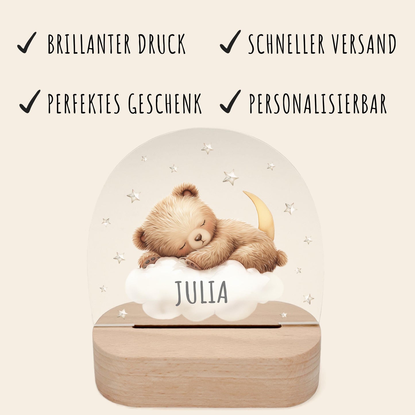 Nachtlicht Baby Kinder personalisiert Geschenk zur Geburt Babyzimmer Deko Bär Kinderzimmer Nachtlampe Inkl. Holzfuß & Netzteil