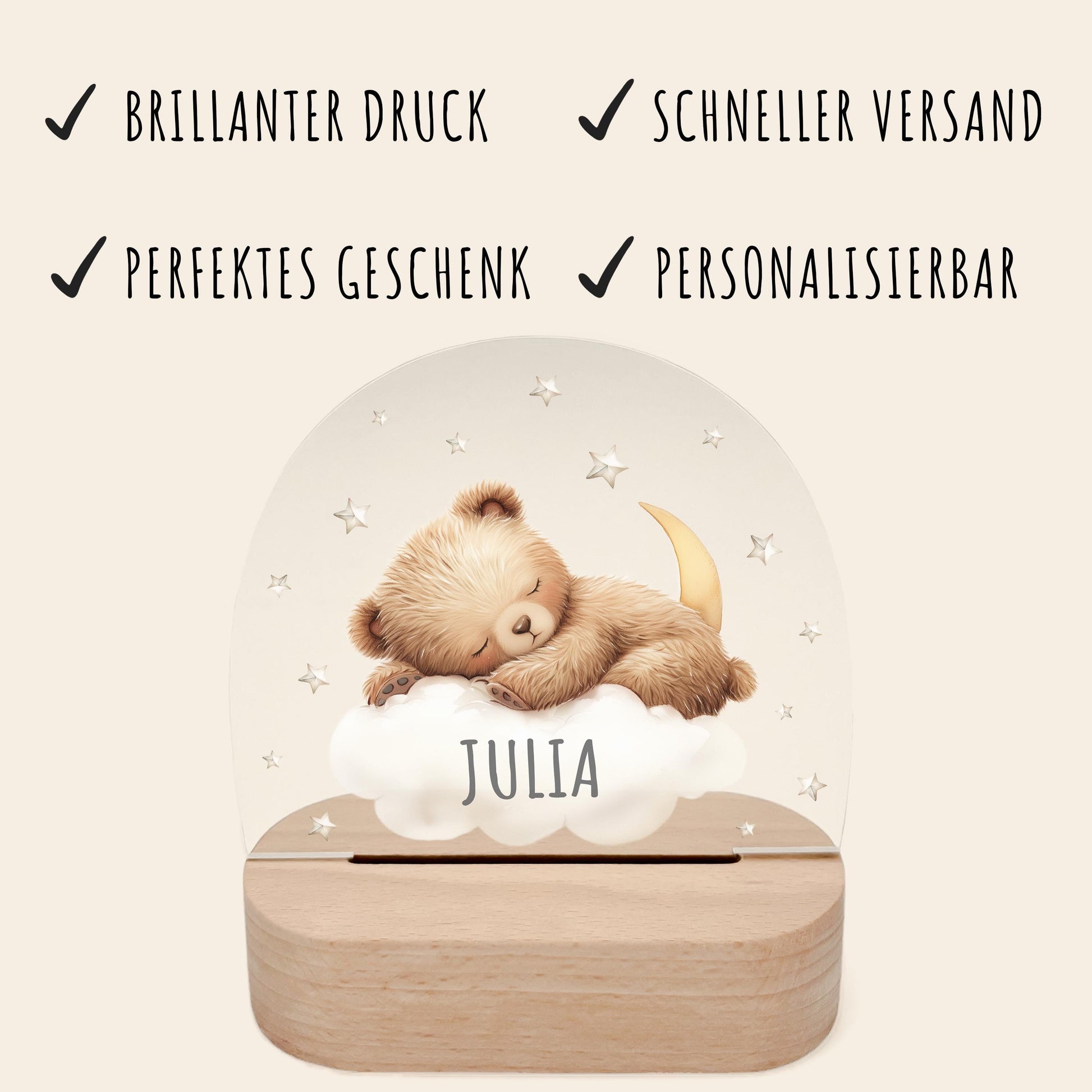 Nachtlicht Baby Kinder personalisiert Geschenk zur Geburt Babyzimmer Deko Bär Kinderzimmer Nachtlampe Inkl. Holzfuß & Netzteil