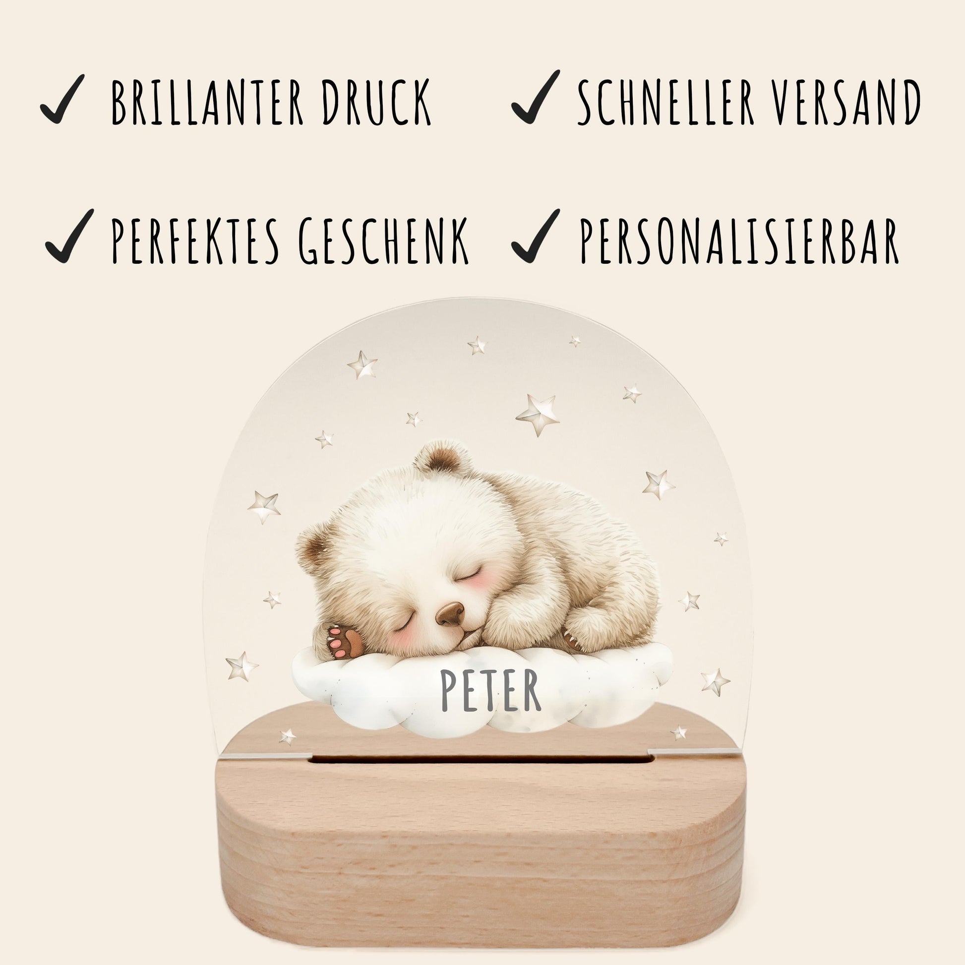 Nachtlicht Baby Kinder personalisiert Geschenk zur Geburt Babyzimmer Deko Bär Kinderzimmer Nachtlampe Inkl. Holzfuß & Netzteil