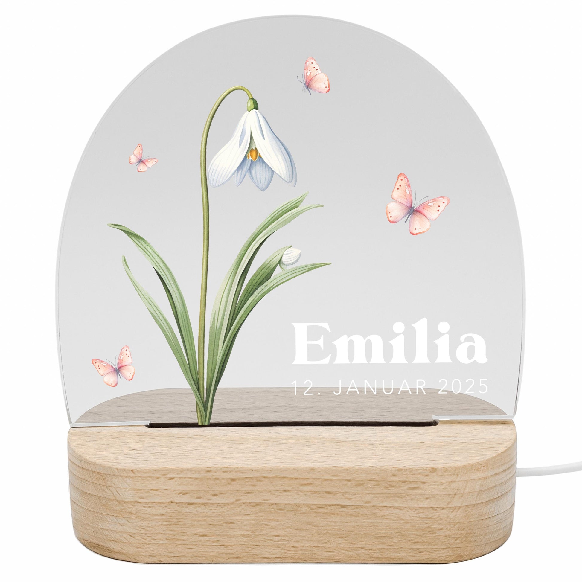 Geburtsgeschenk Mädchen Nachtlicht Baby personalisiert Monatsblume Geschenk zur Geburt Nachtlampe inkl. Holzfuß & Netzteil | Januar