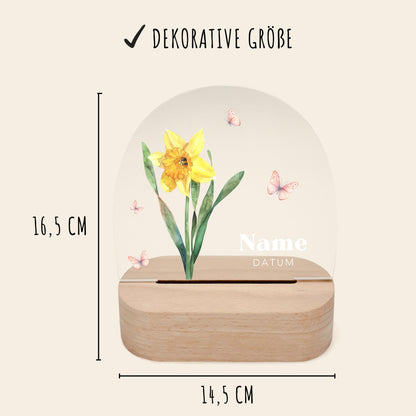 Geburtsgeschenk Mädchen Nachtlicht Baby personalisiert Monatsblume Geschenk zur Geburt Nachtlampe inkl. Holzfuß & Netzteil | März