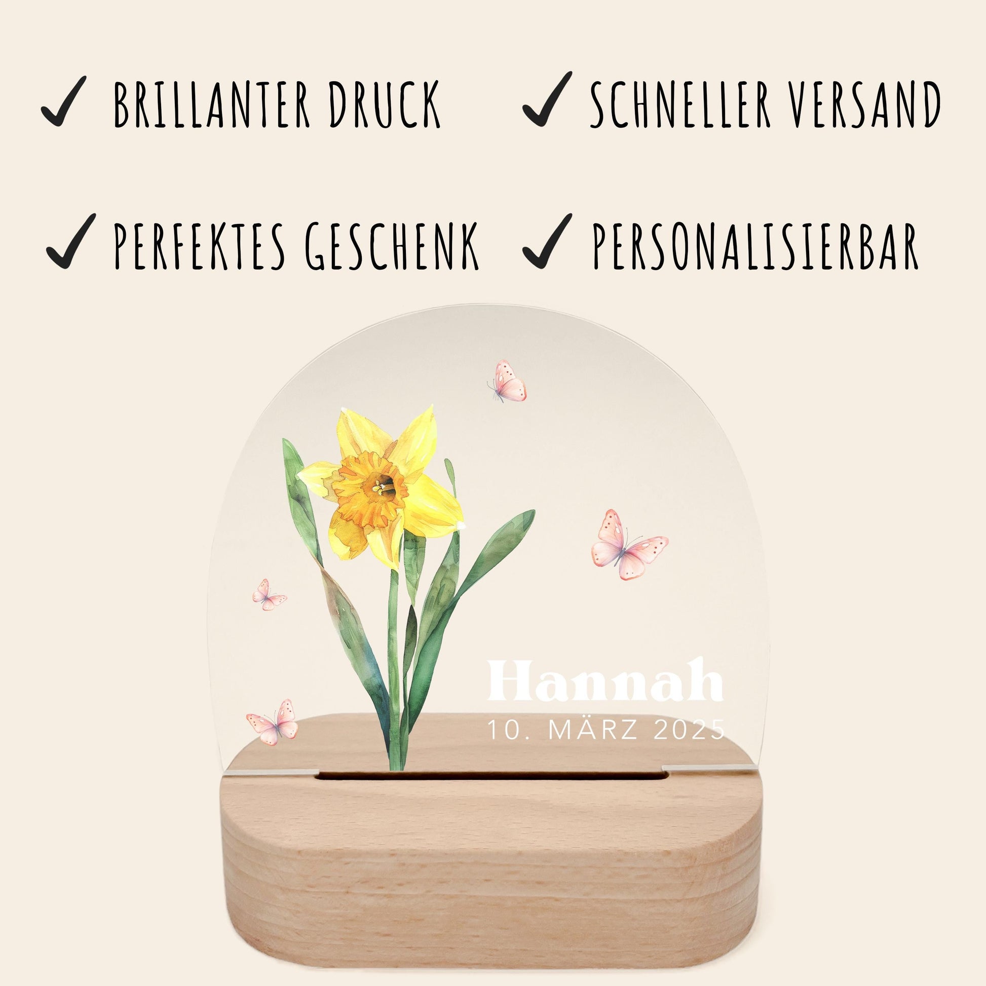 Geburtsgeschenk Mädchen Nachtlicht Baby personalisiert Monatsblume Geschenk zur Geburt Nachtlampe inkl. Holzfuß & Netzteil | März