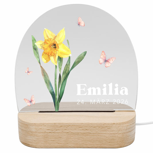 Geburtsgeschenk Mädchen Nachtlicht Baby personalisiert Monatsblume Geschenk zur Geburt Nachtlampe inkl. Holzfuß & Netzteil | März