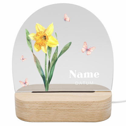 Geburtsgeschenk Mädchen Nachtlicht Baby personalisiert Monatsblume Geschenk zur Geburt Nachtlampe inkl. Holzfuß & Netzteil | März