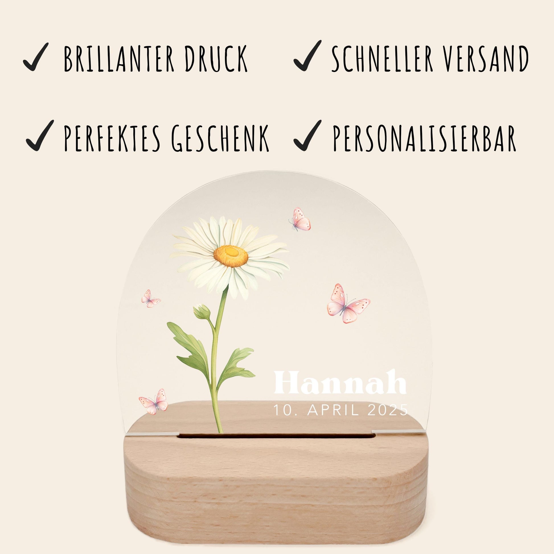 Geburtsgeschenk Mädchen Nachtlicht Baby personalisiert Monatsblume Geschenk zur Geburt Nachtlampe inkl. Holzfuß & Netzteil | April