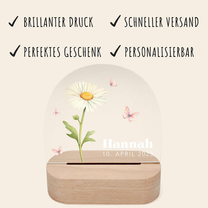 Geburtsgeschenk Mädchen Nachtlicht Baby personalisiert Monatsblume Geschenk zur Geburt Nachtlampe inkl. Holzfuß & Netzteil | April