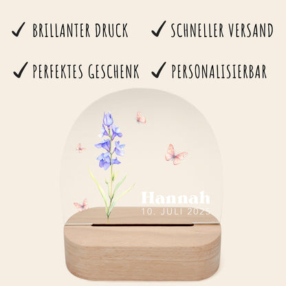 Geburtsgeschenk Mädchen Nachtlicht Baby personalisiert Monatsblume Geschenk zur Geburt Nachtlampe inkl. Holzfuß & Netzteil | Juli