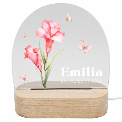 Geburtsgeschenk Mädchen Nachtlicht Baby personalisiert Monatsblume Geschenk zur Geburt Nachtlampe inkl. Holzfuß & Netzteil | August