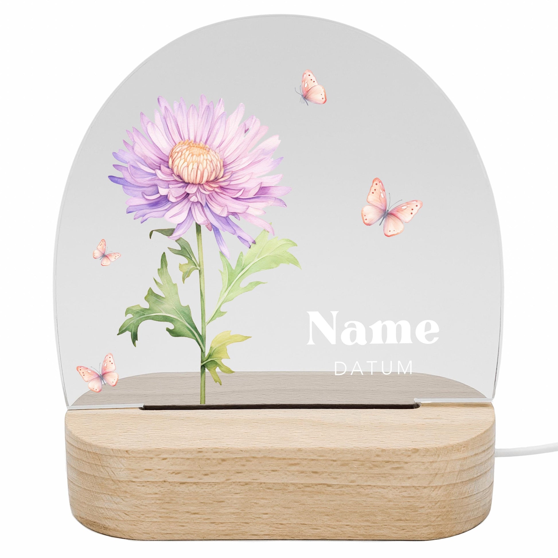 Geburtsgeschenk Mädchen Nachtlicht Baby personalisiert Monatsblume Geschenk zur Geburt Nachtlampe inkl. Holzfuß & Netzteil | September
