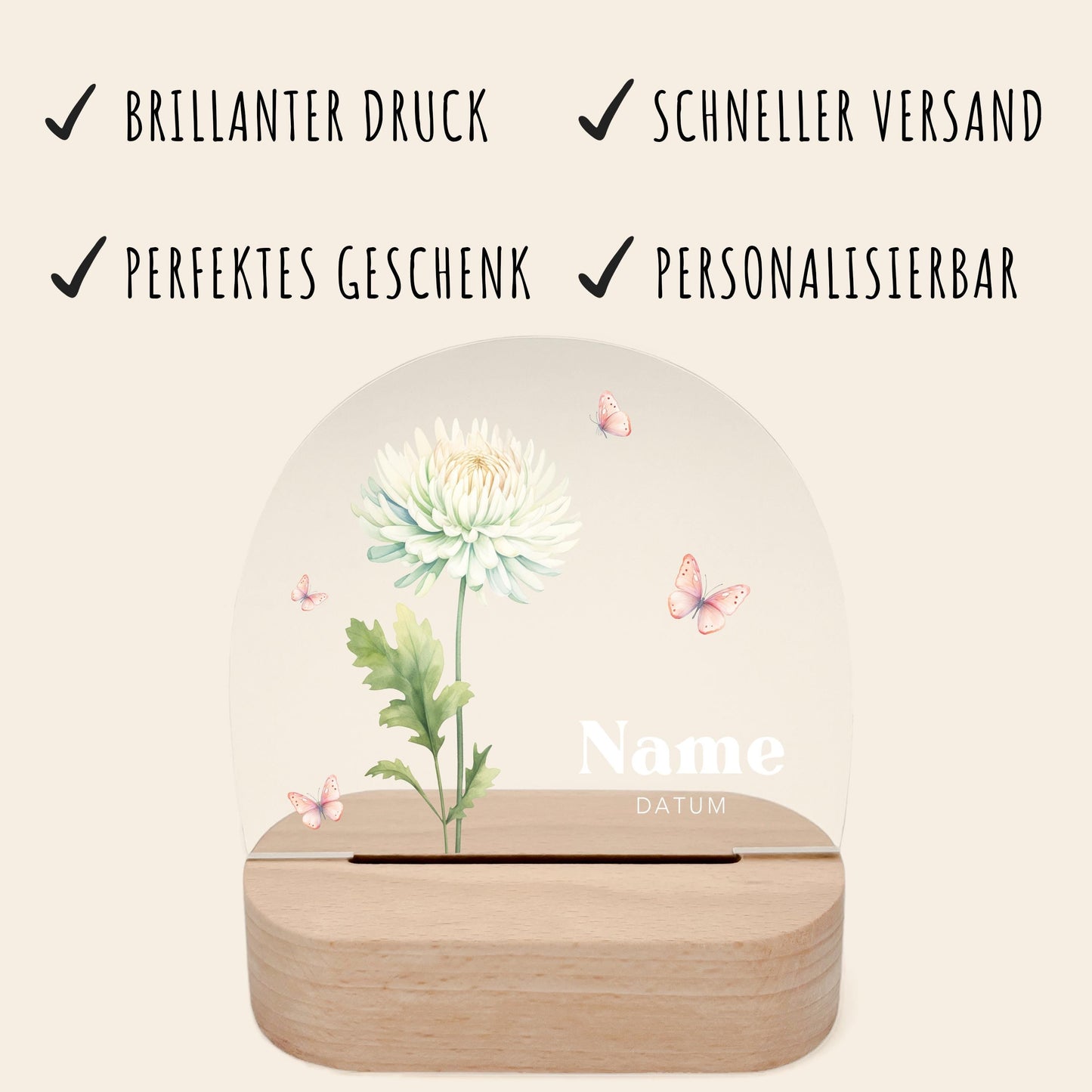 Geburtsgeschenk Mädchen Nachtlicht Baby personalisiert Monatsblume Geschenk zur Geburt Nachtlampe inkl. Holzfuß & Netzteil | November