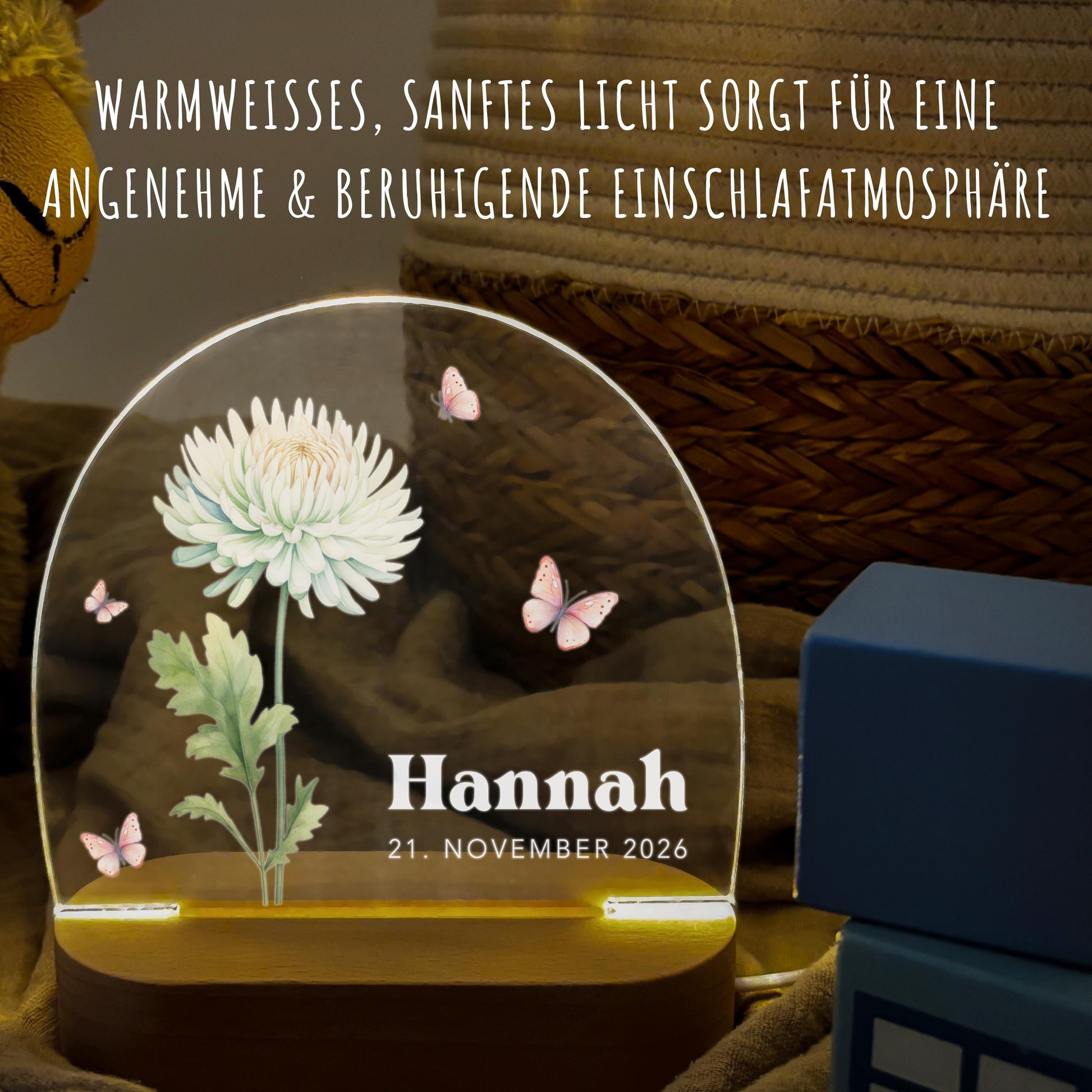 Geburtsgeschenk Mädchen Nachtlicht Baby personalisiert Monatsblume Geschenk zur Geburt Nachtlampe inkl. Holzfuß & Netzteil | November