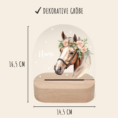 Nachtlicht Pferd personalisiert für Kinder & Baby Pferdemädchen Geschenk Pferdeliebhaber Deko Nachtlampe Mädchen inkl. Holzfuß und Netzteil