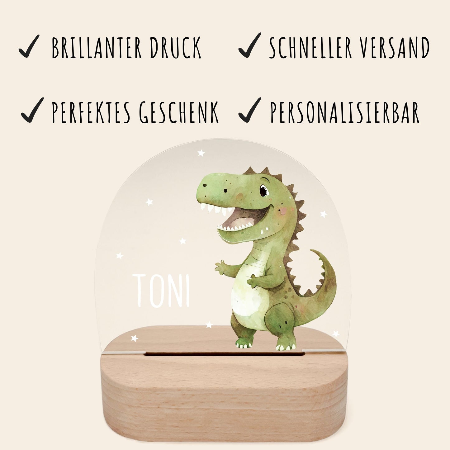Nachtlicht Dino personalisiert für Kinder & Baby Babyzimmer Kinderzimmer Dinosaurier Geschenk Nachtlampe Jungen Inkl. Holzfuß und Netzteil