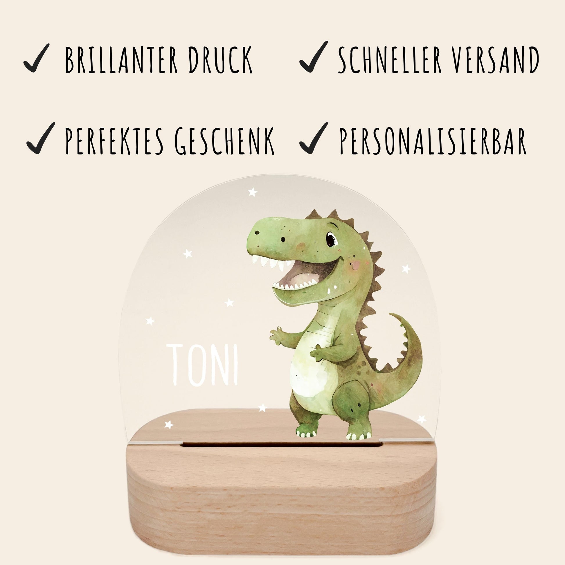Nachtlicht Dino personalisiert für Kinder & Baby Babyzimmer Kinderzimmer Dinosaurier Geschenk Nachtlampe Jungen Inkl. Holzfuß und Netzteil