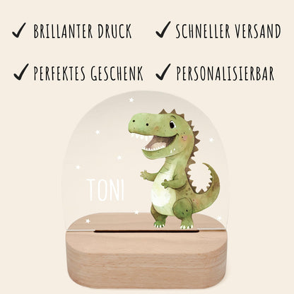 Nachtlicht Dino personalisiert für Kinder & Baby Babyzimmer Kinderzimmer Dinosaurier Geschenk Nachtlampe Jungen Inkl. Holzfuß und Netzteil