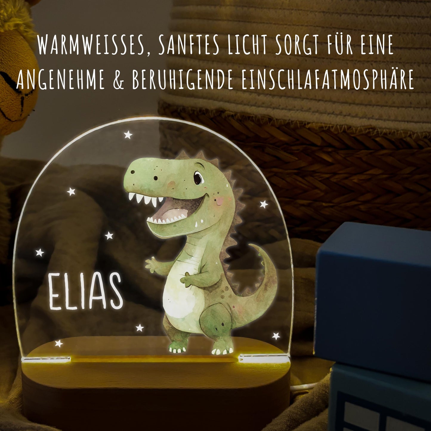 Nachtlicht Dino personalisiert für Kinder & Baby Babyzimmer Kinderzimmer Dinosaurier Geschenk Nachtlampe Jungen Inkl. Holzfuß und Netzteil