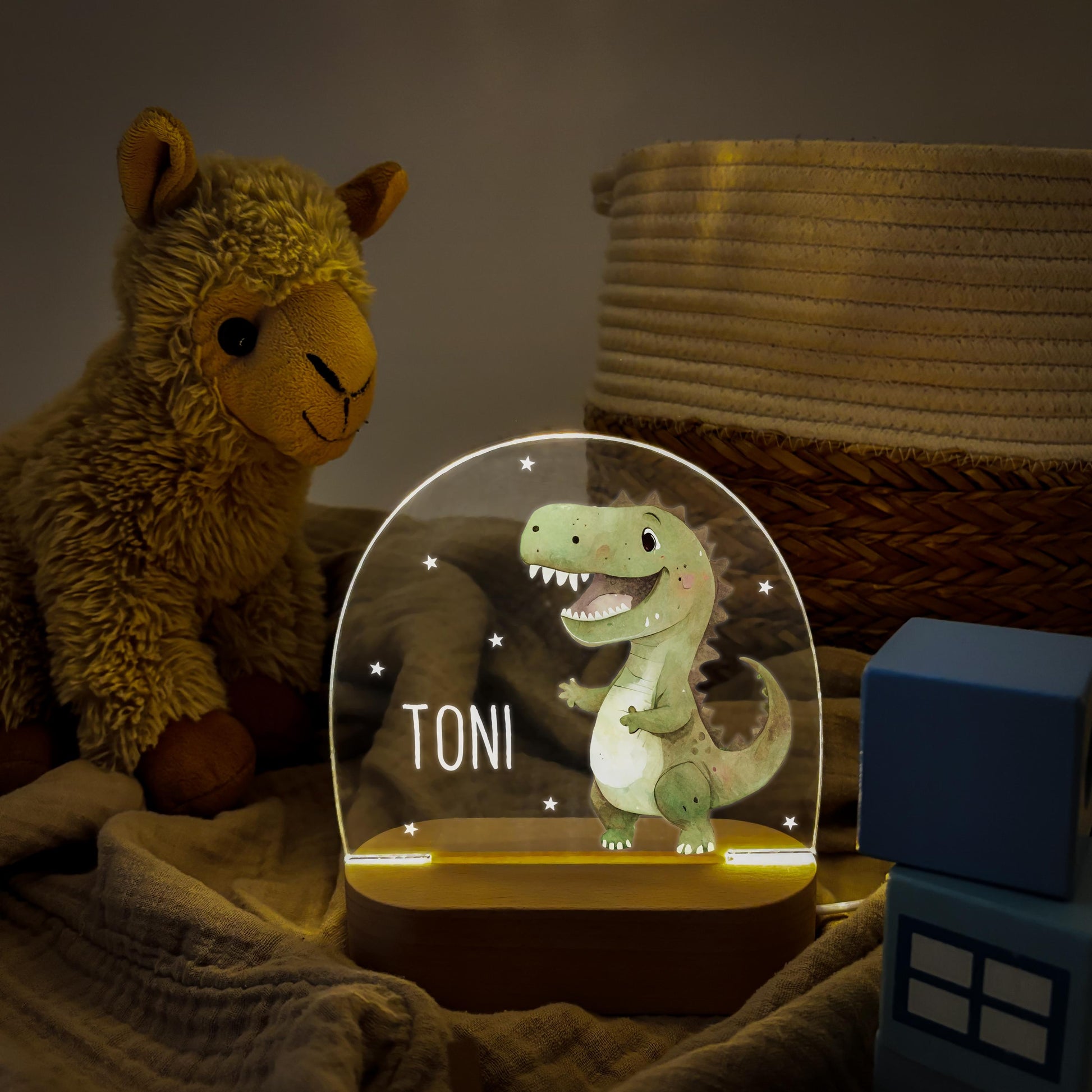 Nachtlicht Dino personalisiert für Kinder & Baby Babyzimmer Kinderzimmer Dinosaurier Geschenk Nachtlampe Jungen Inkl. Holzfuß und Netzteil