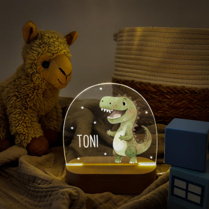 Nachtlicht Dino personalisiert für Kinder & Baby Babyzimmer Kinderzimmer Dinosaurier Geschenk Nachtlampe Jungen Inkl. Holzfuß und Netzteil