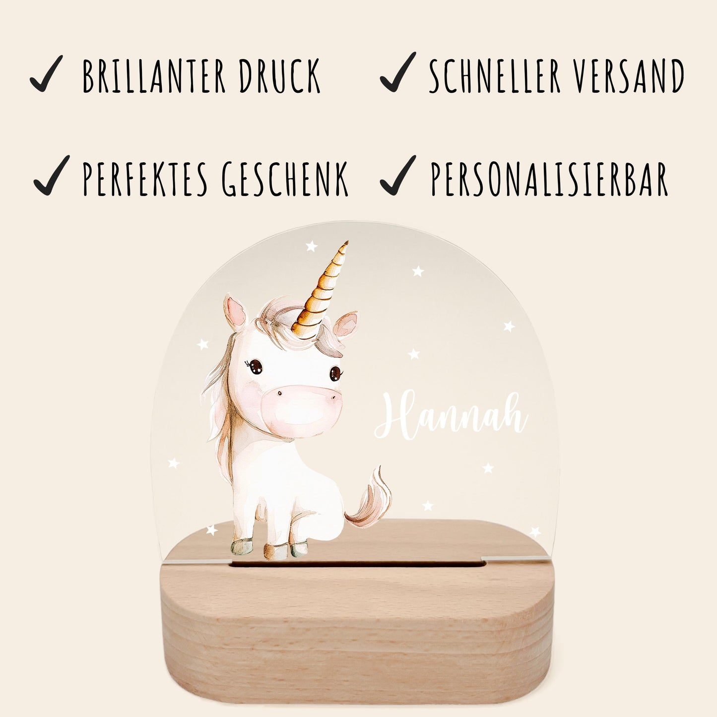 Nachtlicht Einhorn personalisiert für Kinder & Baby Mädchen Geschenk Einhorn Deko Nachtlampe inkl. Holzfuß und Netzteil