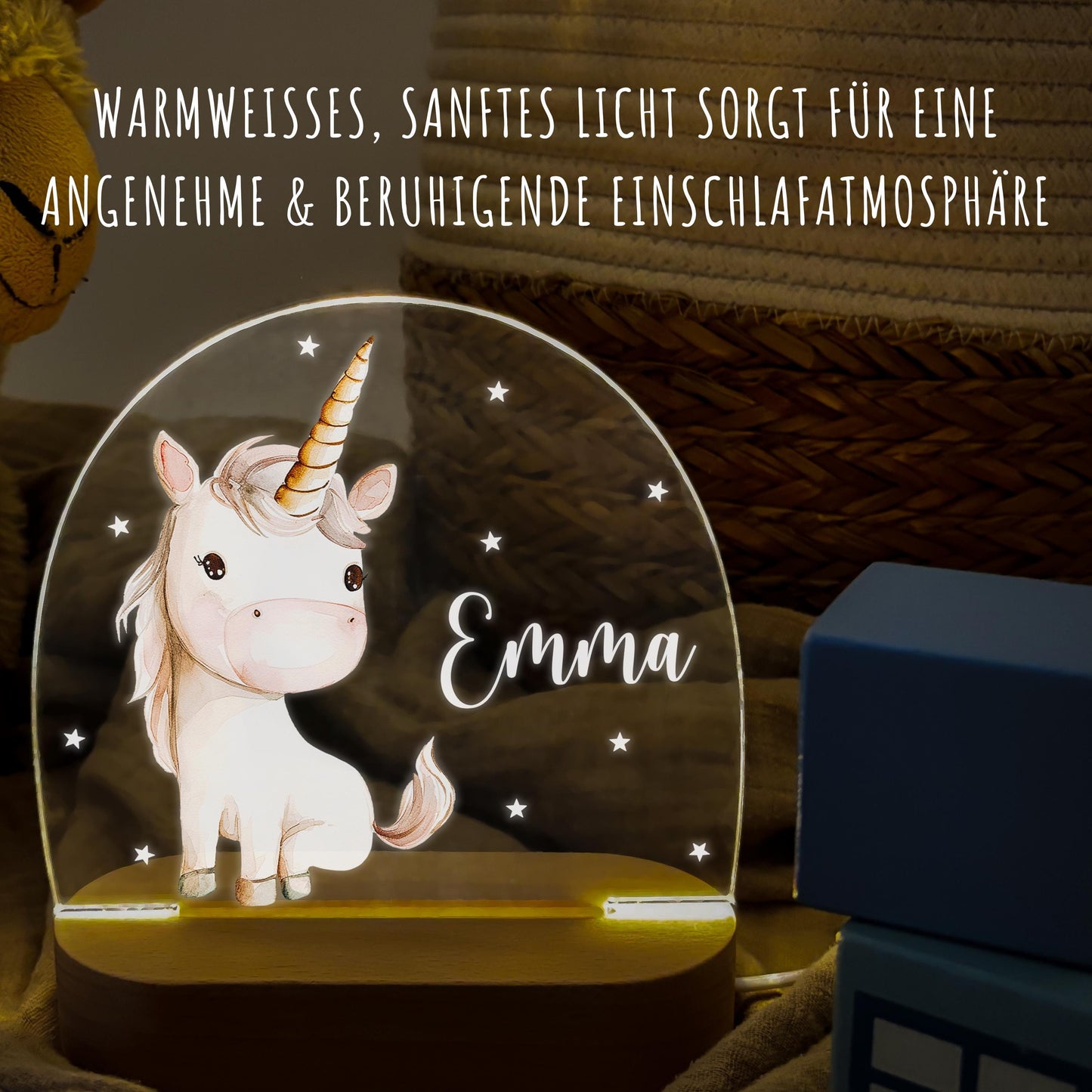 Nachtlicht Einhorn personalisiert für Kinder & Baby Mädchen Geschenk Einhorn Deko Nachtlampe inkl. Holzfuß und Netzteil