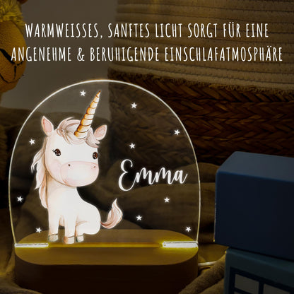 Nachtlicht Einhorn personalisiert für Kinder & Baby Mädchen Geschenk Einhorn Deko Nachtlampe inkl. Holzfuß und Netzteil