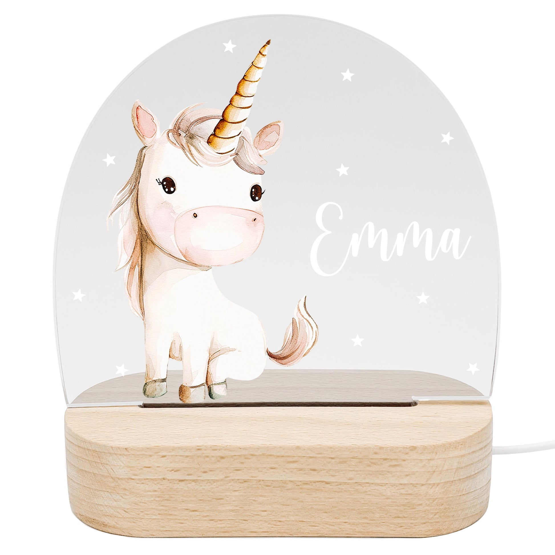 Nachtlicht Einhorn personalisiert für Kinder & Baby Mädchen Geschenk Einhorn Deko Nachtlampe inkl. Holzfuß und Netzteil