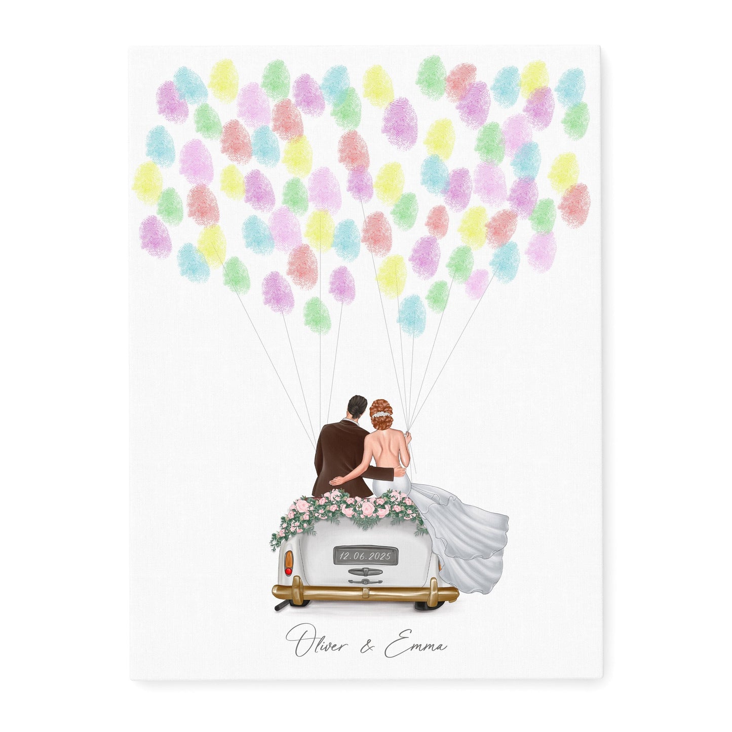 Hochzeit Gästebuch Fingerabdruck Leinwand personalisiert mit Brautpaar Hochzeitsauto Hochzeitsgeschenk 30x40 cm (OHNE Farbe)