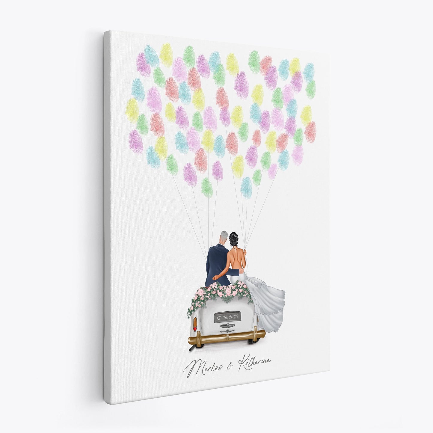 Hochzeit Gästebuch Fingerabdruck Leinwand personalisiert mit Brautpaar Hochzeitsauto Hochzeitsgeschenk 30x40 cm (OHNE Farbe)